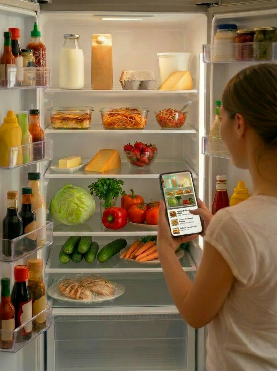 Inside a refrigerator filled with fresh produce